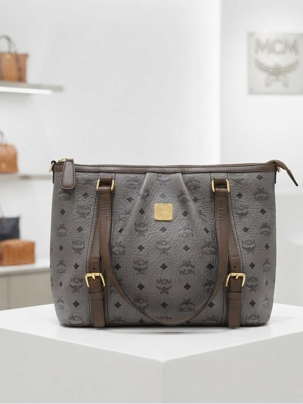 MCM Gray Monogram Visetos Medium  Tote with Brown Leather Straps & Gold hardware